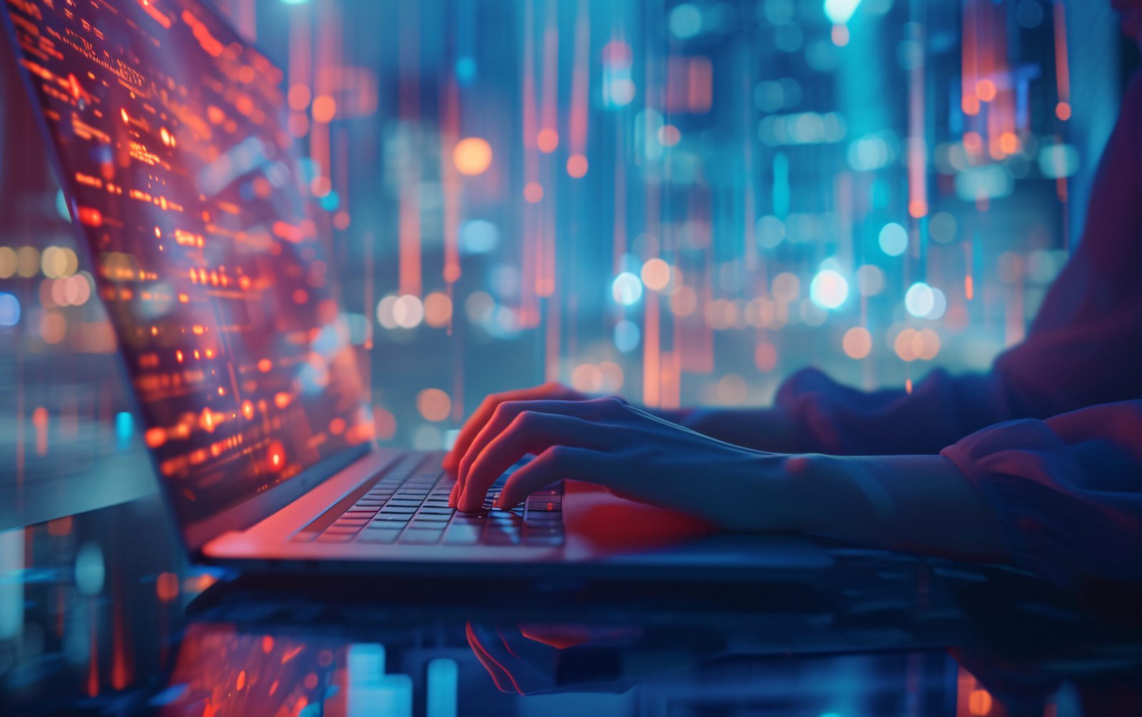 Person arbeitet am Laptop vor leuchtenden Datenvisualisierungen